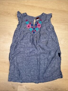 Tea collection Girls Chambray Dress with Pink & Teal Embroidery